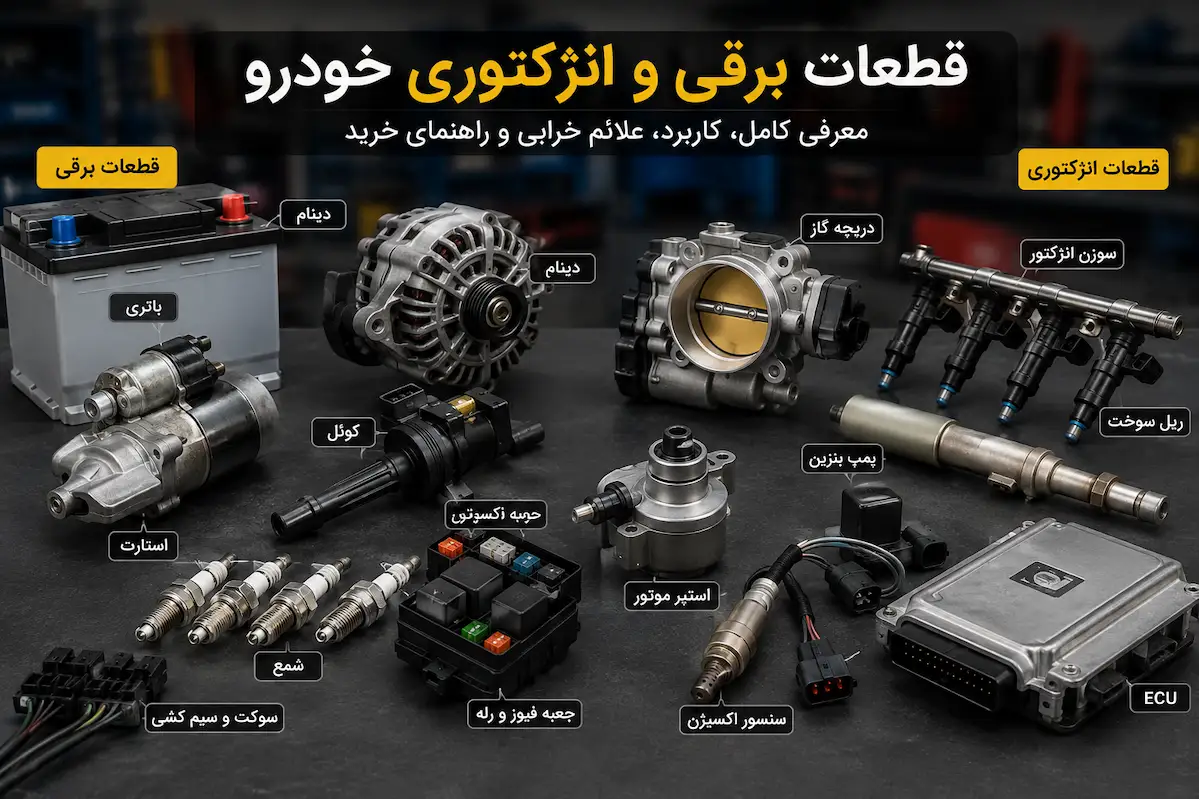 قطعات برقی و انژکتوری خودرو شامل باتری، کوئل، شمع، انژکتور، سنسورها و ECU